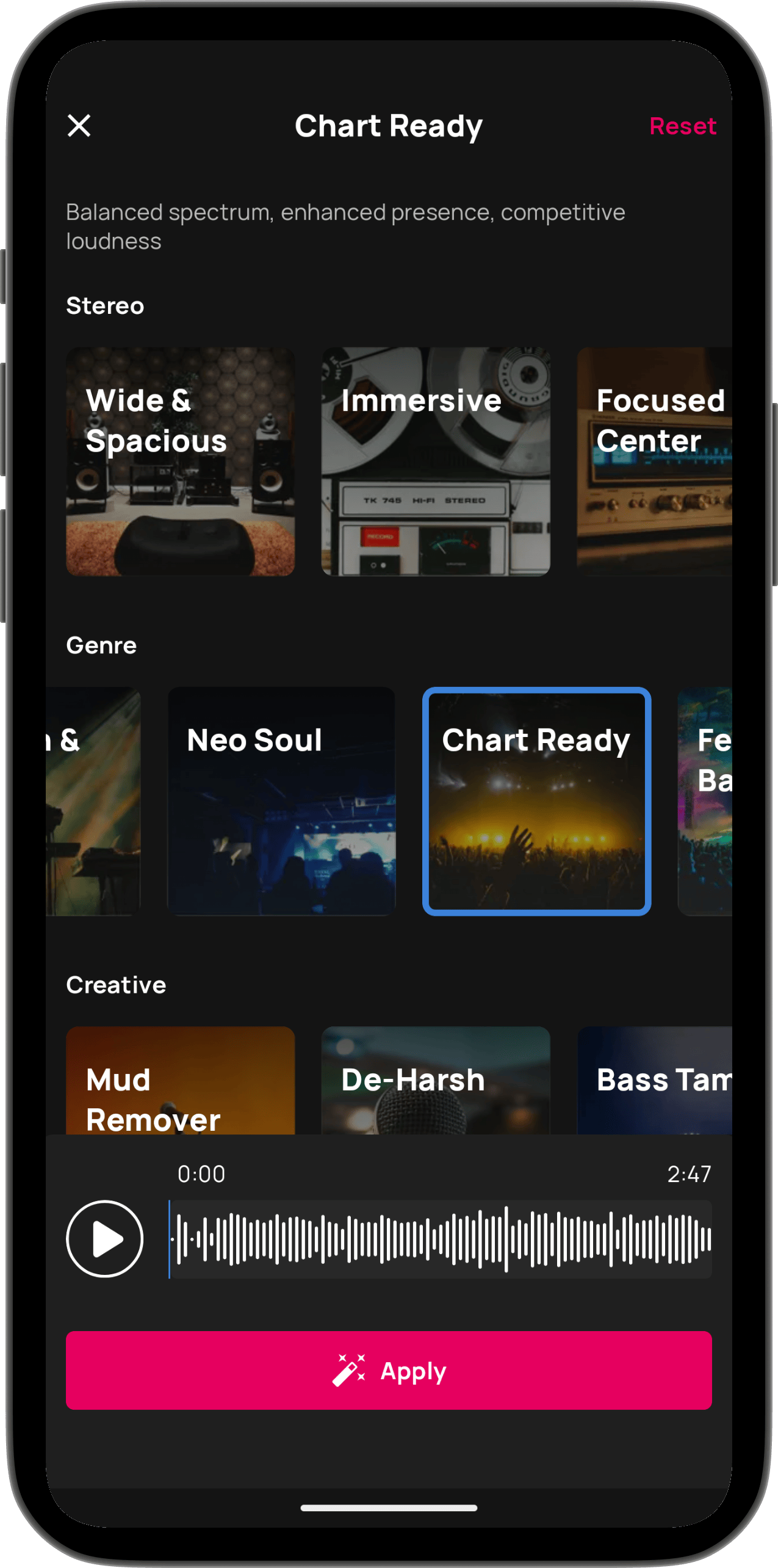 Auto Master interface mastering a track with preset options