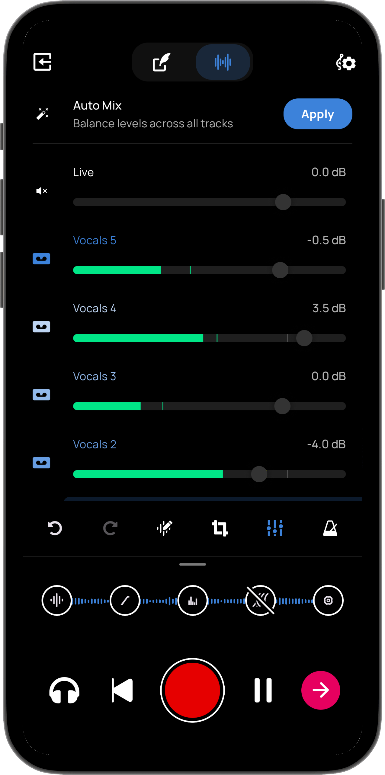 Auto Mix interface balancing vocal levels against the beat