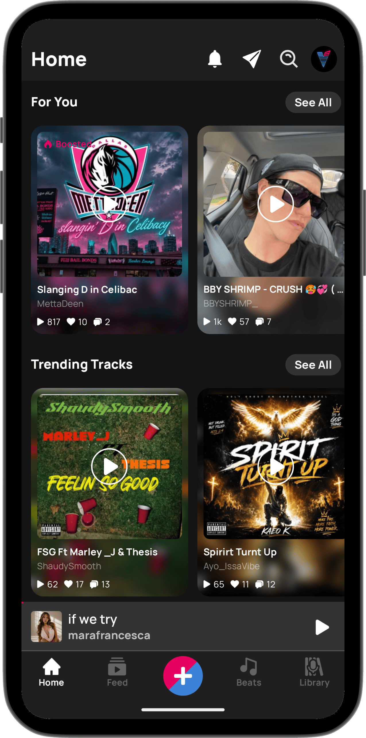 Community feed showing For You and Trending Tracks from other creators