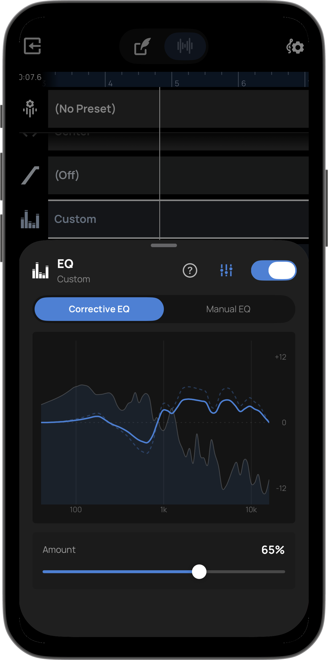 Corrective EQ editor with the live spectrum display showing a vocal frequency curve