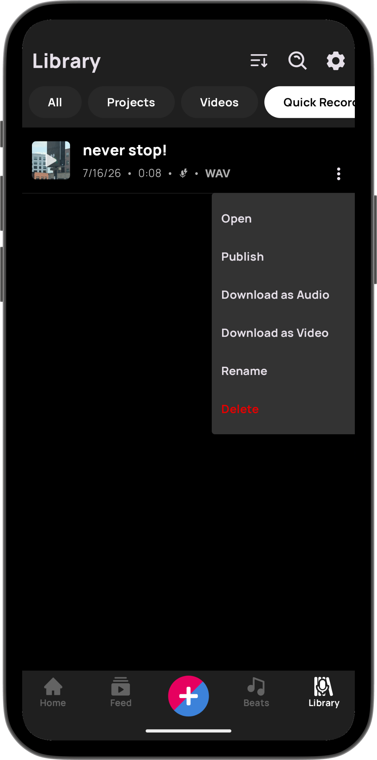 Export and Share menu showing Download as Audio and Video options