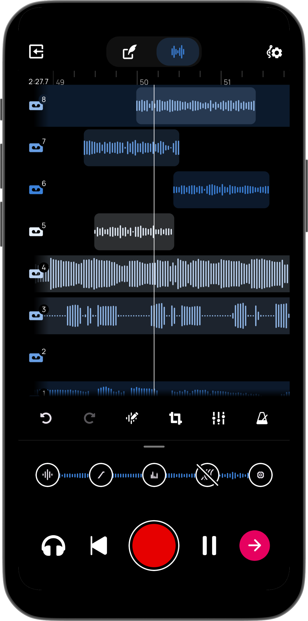 Multi-Track Projects showing 8 vocal layers on a timeline