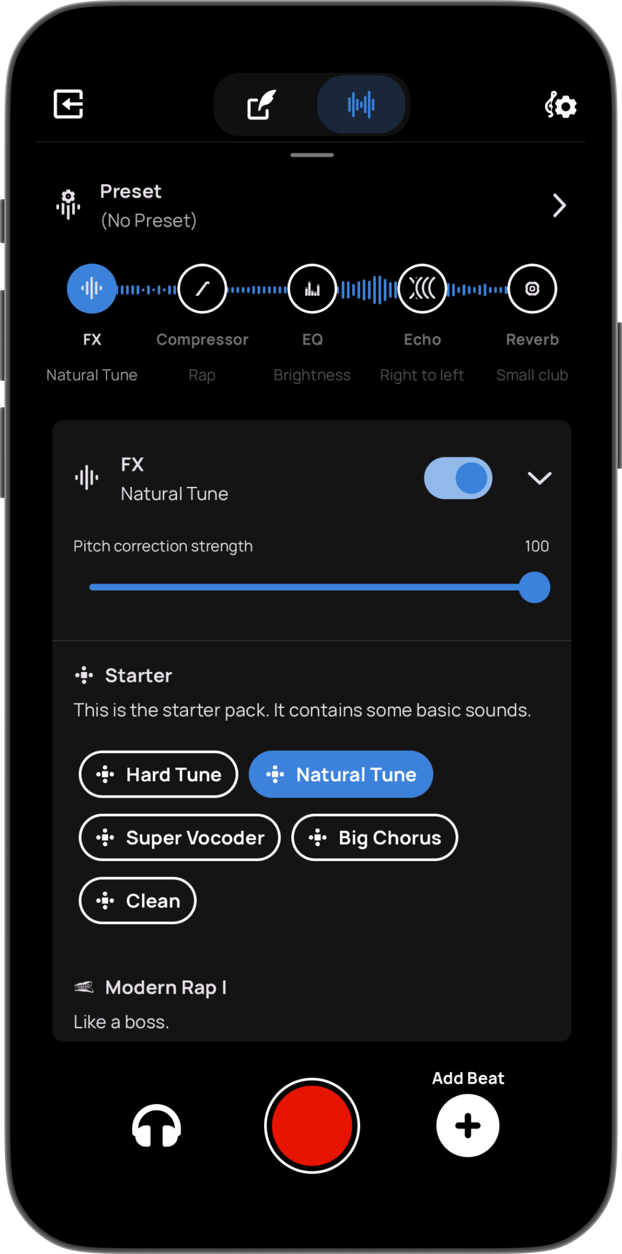Vocal FX presets interface showing Natural Tune, Hard Tune, Super Vocoder, Big Chorus, and Clean effects
